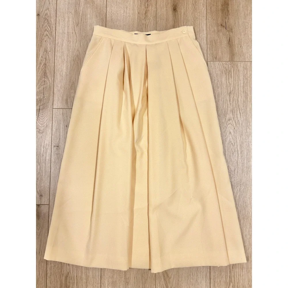 Counterparts Vintage Pleated Midi Skirt Pale Yellow High Waist Pockets Size 14